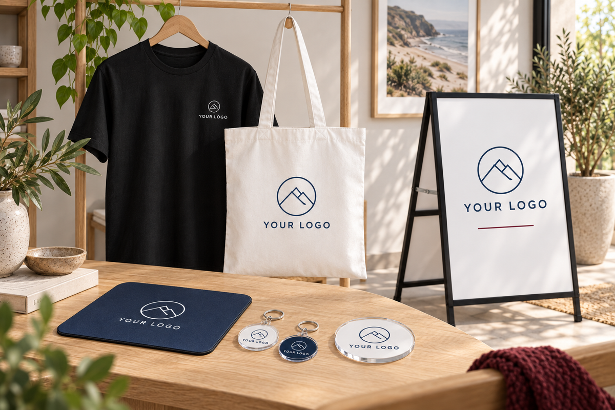 Illustrative business branding display with custom signage and printed products