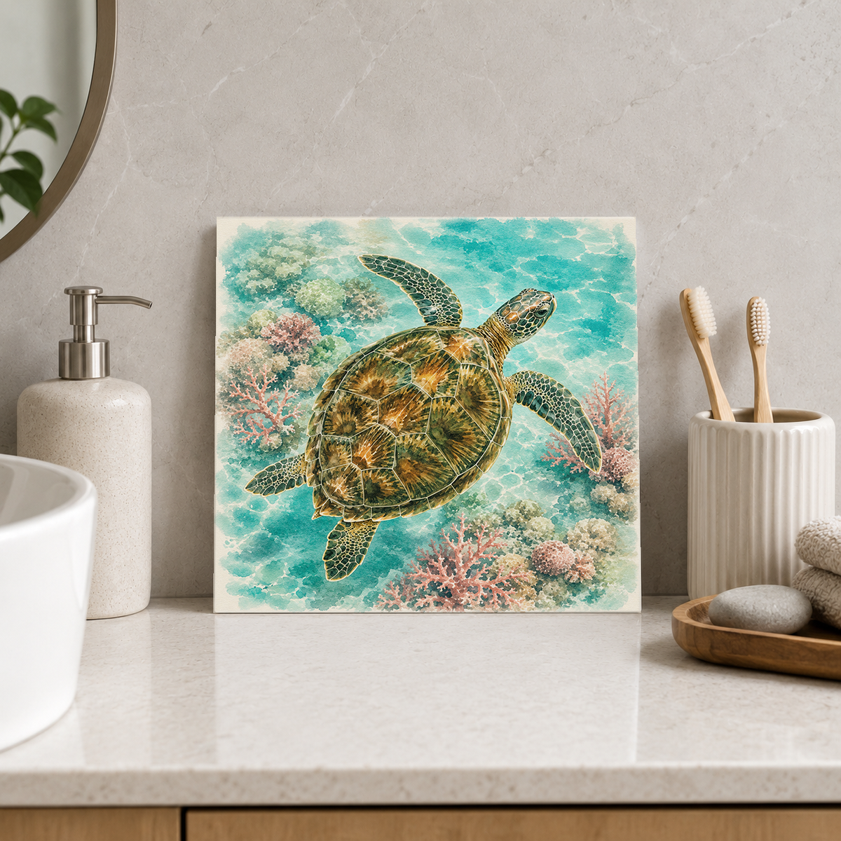 Great Barrier Reef – Turtle Lagoon ceramic decorative tile in Pop Color, shown in a room mockup