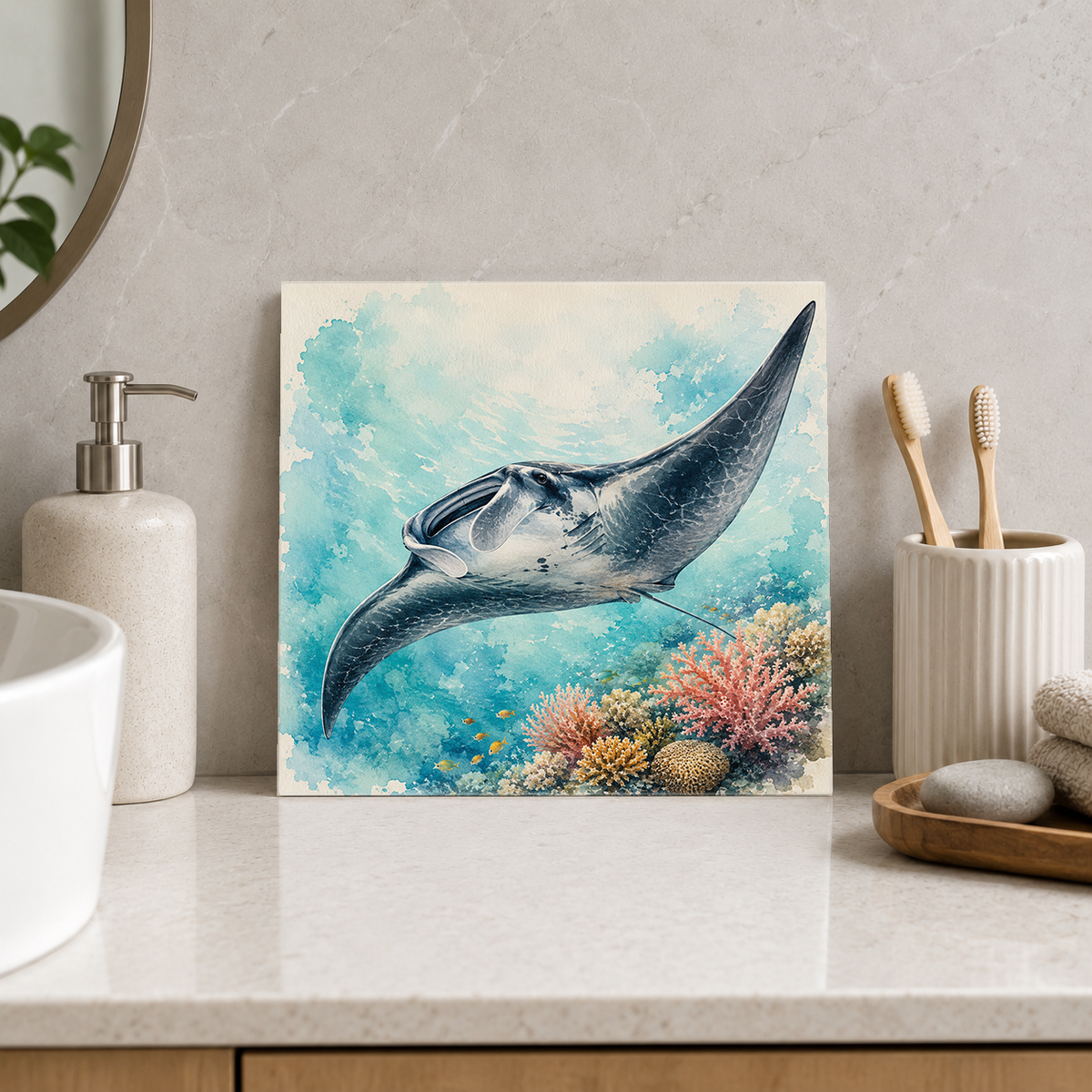 Great Barrier Reef – Manta Glide ceramic decorative tile in Pop Color, shown in a room mockup