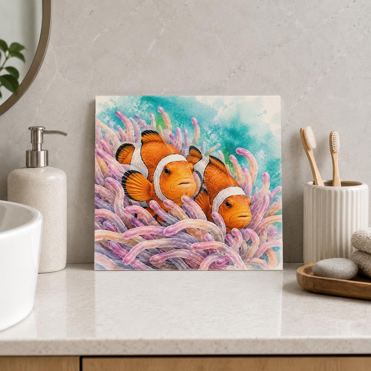 Great Barrier Reef – Clownfish Hideaway ceramic decorative tile in Pop Color, shown in a room mockup