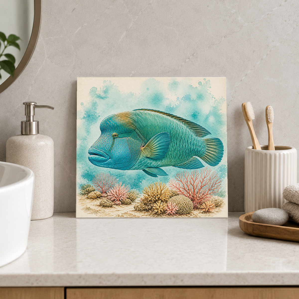 Great Barrier Reef – Maori Wrasse ceramic decorative tile in Pop Color, shown in a room mockup