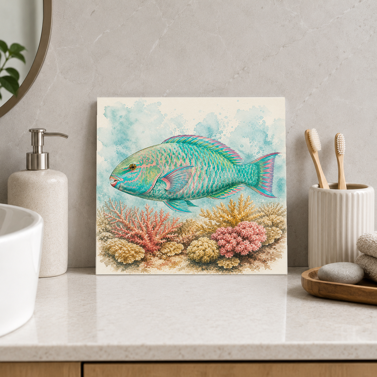 Great Barrier Reef – Parrotfish Jewels ceramic decorative tile in Pop Color, shown in a room mockup