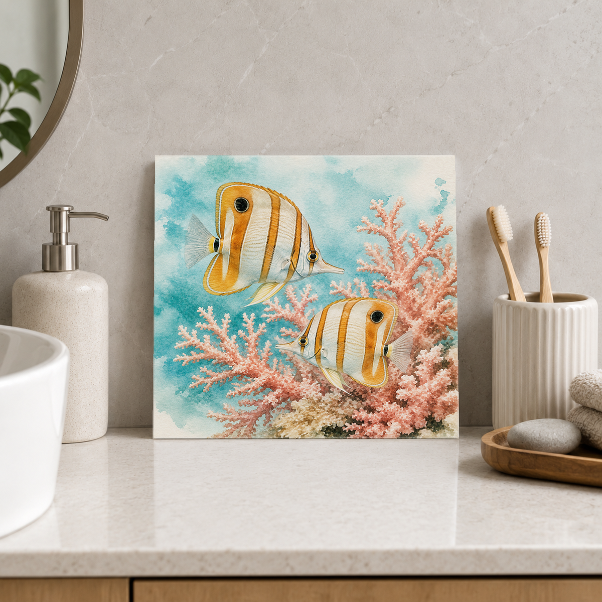 Great Barrier Reef – Butterflyfish Duet ceramic decorative tile in Pop Color, shown in a room mockup