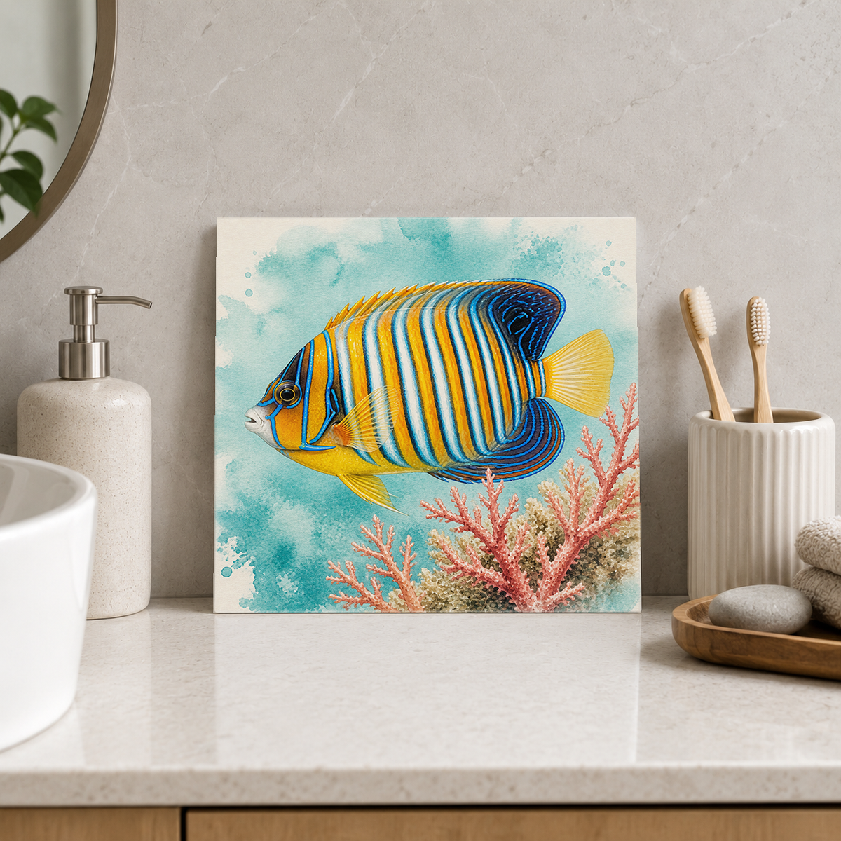Great Barrier Reef – Regal Angelfish ceramic decorative tile in Pop Color, shown in a room mockup