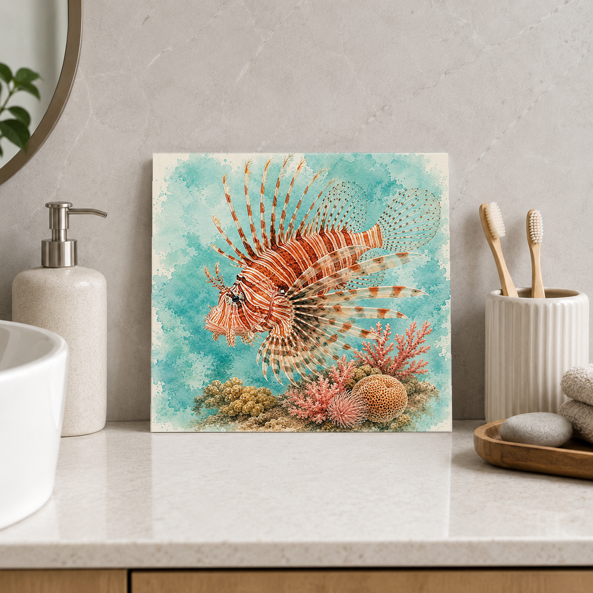 Great Barrier Reef – Lionfish Lace ceramic decorative tile in Pop Color, shown in a room mockup