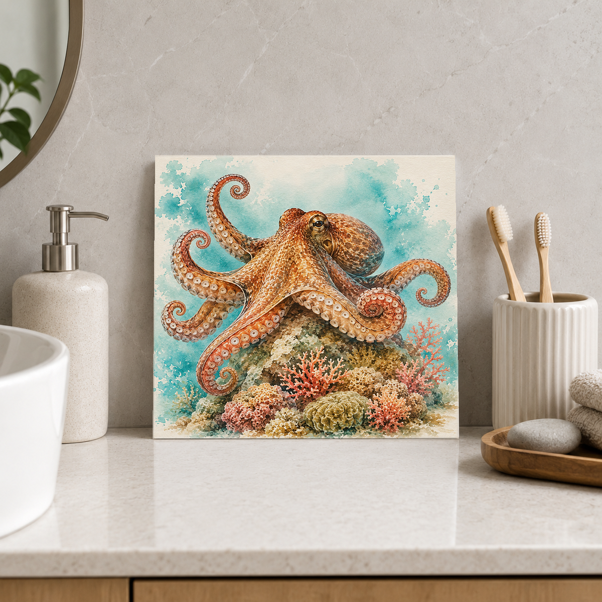 Great Barrier Reef – Octopus Curiosity ceramic decorative tile in Pop Color, shown in a room mockup