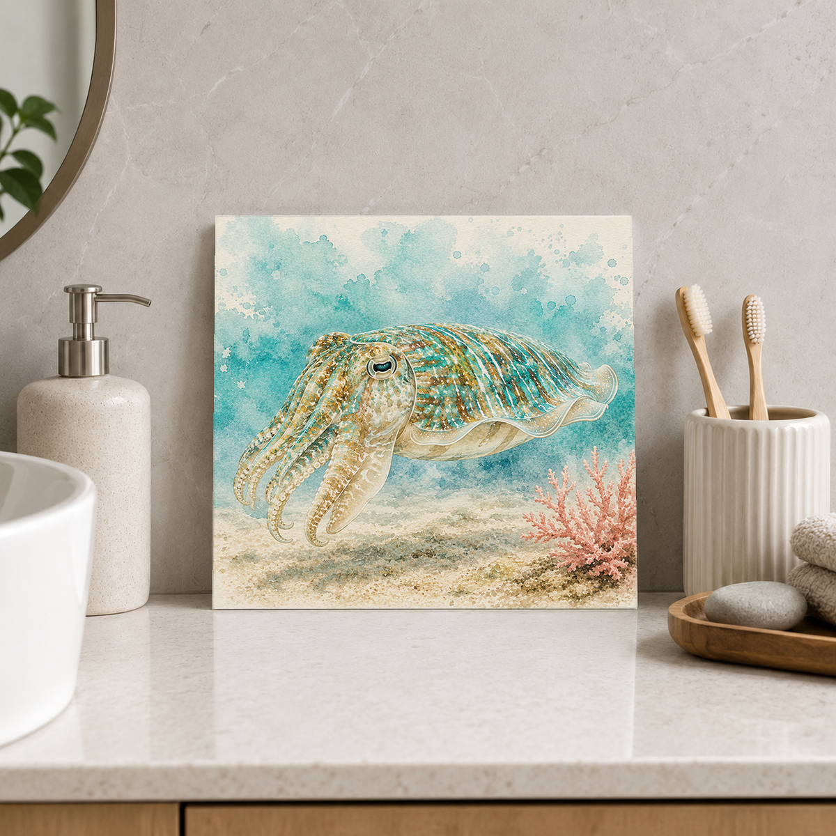Great Barrier Reef – Cuttlefish Shimmer ceramic decorative tile in Pop Color, shown in a room mockup