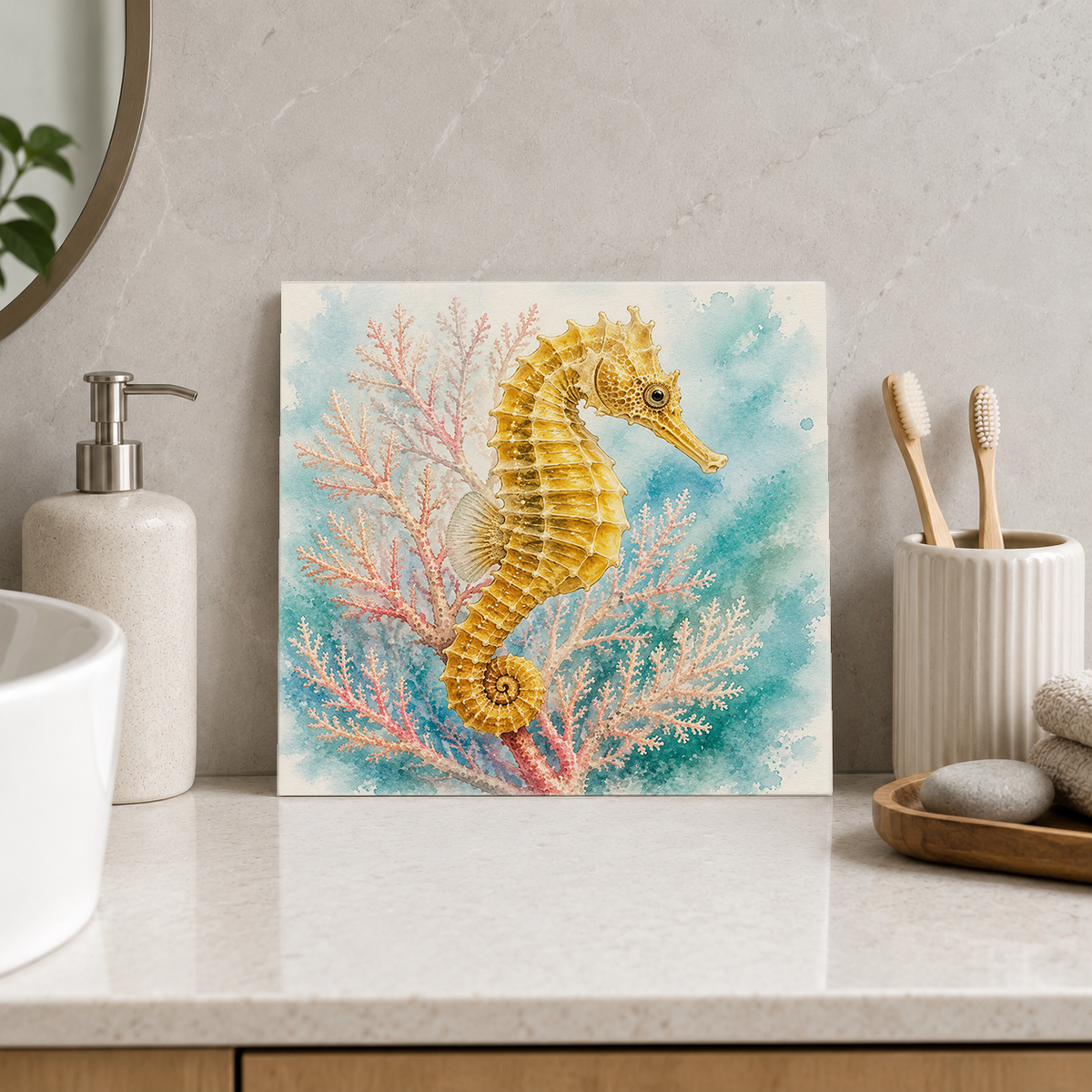 Great Barrier Reef – Seahorse Garden ceramic decorative tile in Pop Color, shown in a room mockup
