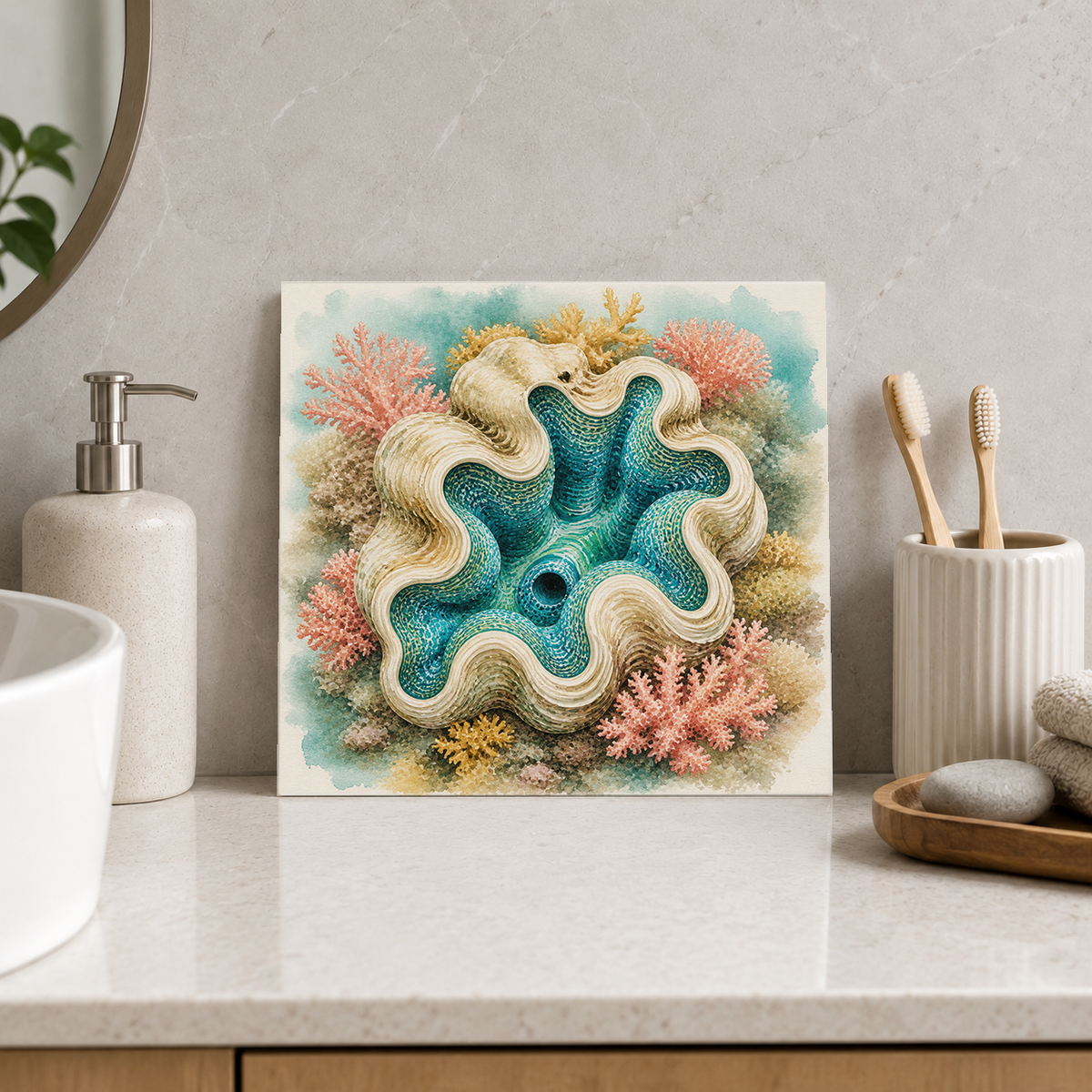 Great Barrier Reef – Giant Clam Treasure ceramic decorative tile in Pop Color, shown in a room mockup