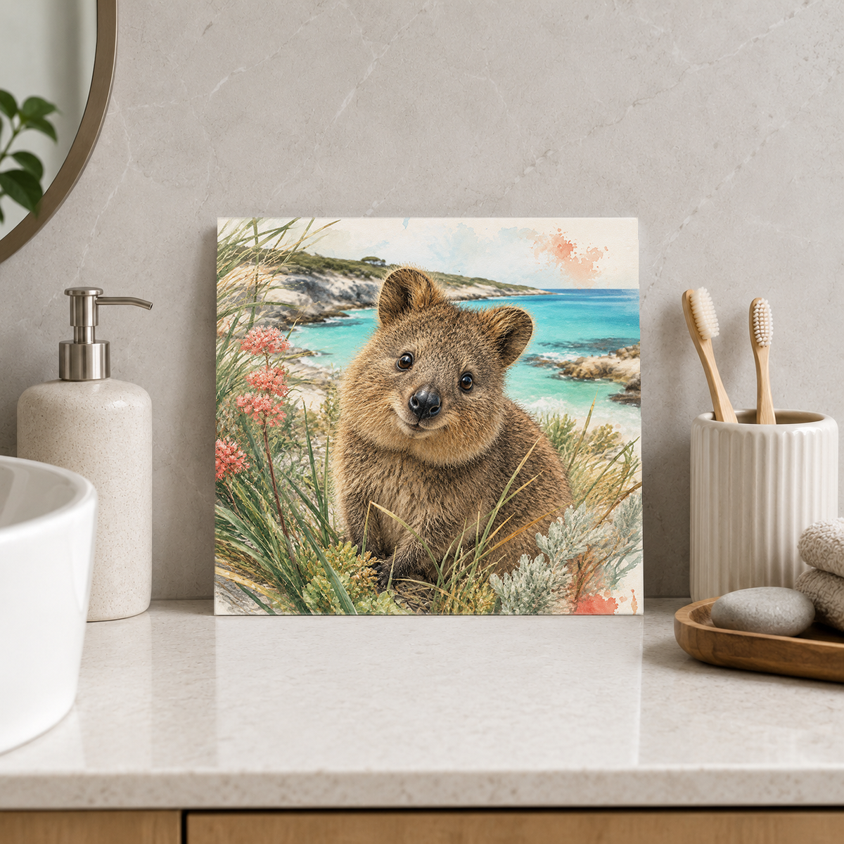 Rottnest Island – Quokka Coastal Welcome ceramic decorative tile in Pop Color, shown in a room mockup