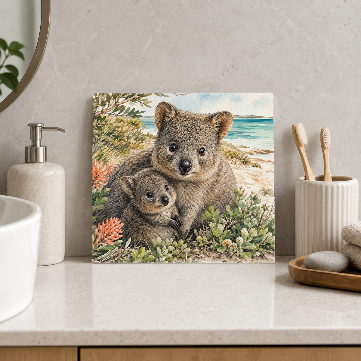 Rottnest Island – Quokka and Joey ceramic decorative tile in Pop Color, shown in a room mockup