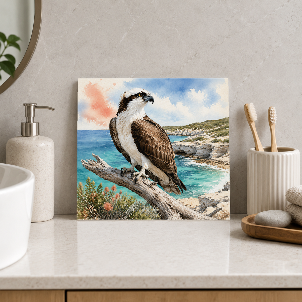 Rottnest Island – Osprey Coastal Watch ceramic decorative tile in Pop Color, shown in a room mockup