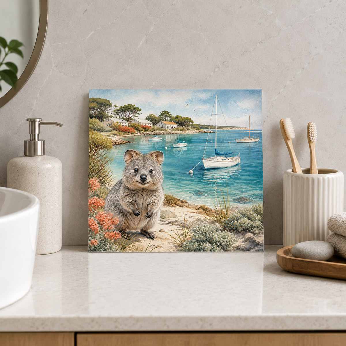 Rottnest Island – Thomson Bay Sails ceramic decorative tile in Pop Color, shown in a room mockup