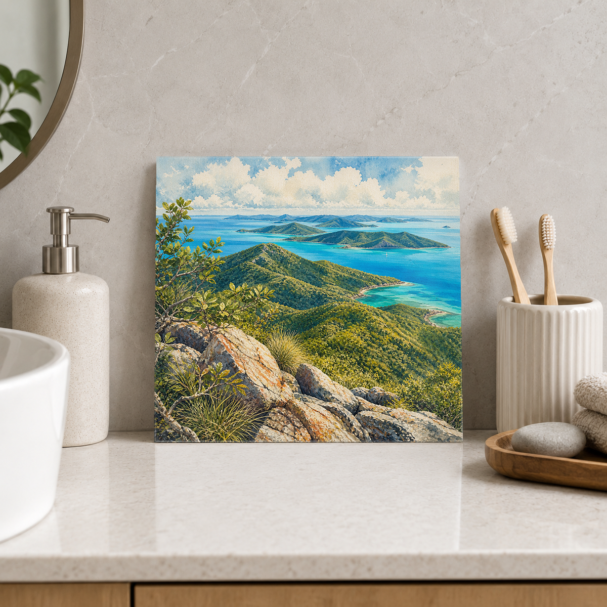 Hamilton Island – Passage Peak Vista ceramic decorative tile in Pop Color, shown in a room mockup
