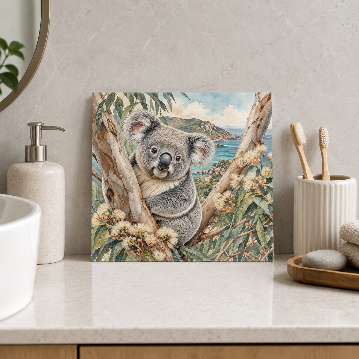 Magnetic Island – Koala of the Forts ceramic decorative tile in Pop Color, shown in a room mockup