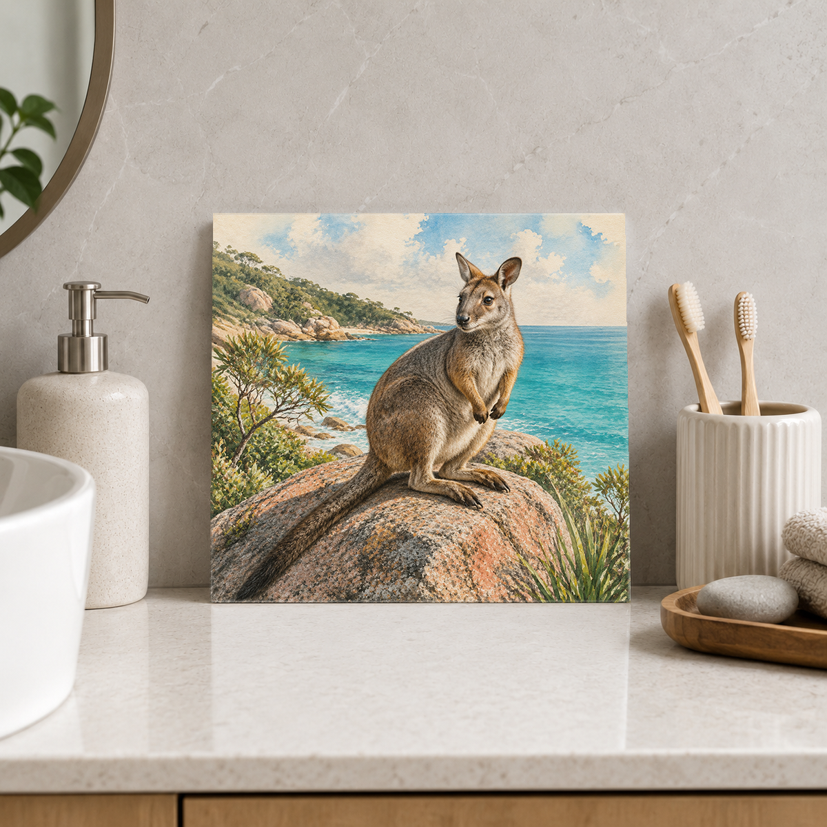 Magnetic Island – Rock Wallaby Welcome ceramic decorative tile in Pop Color, shown in a room mockup