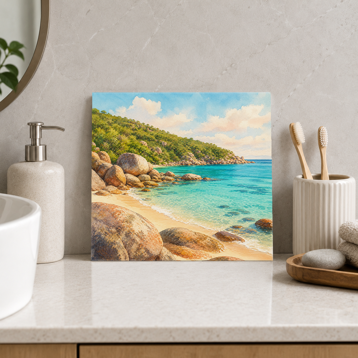 Magnetic Island – Alma Bay Boulders ceramic decorative tile in Pop Color, shown in a room mockup