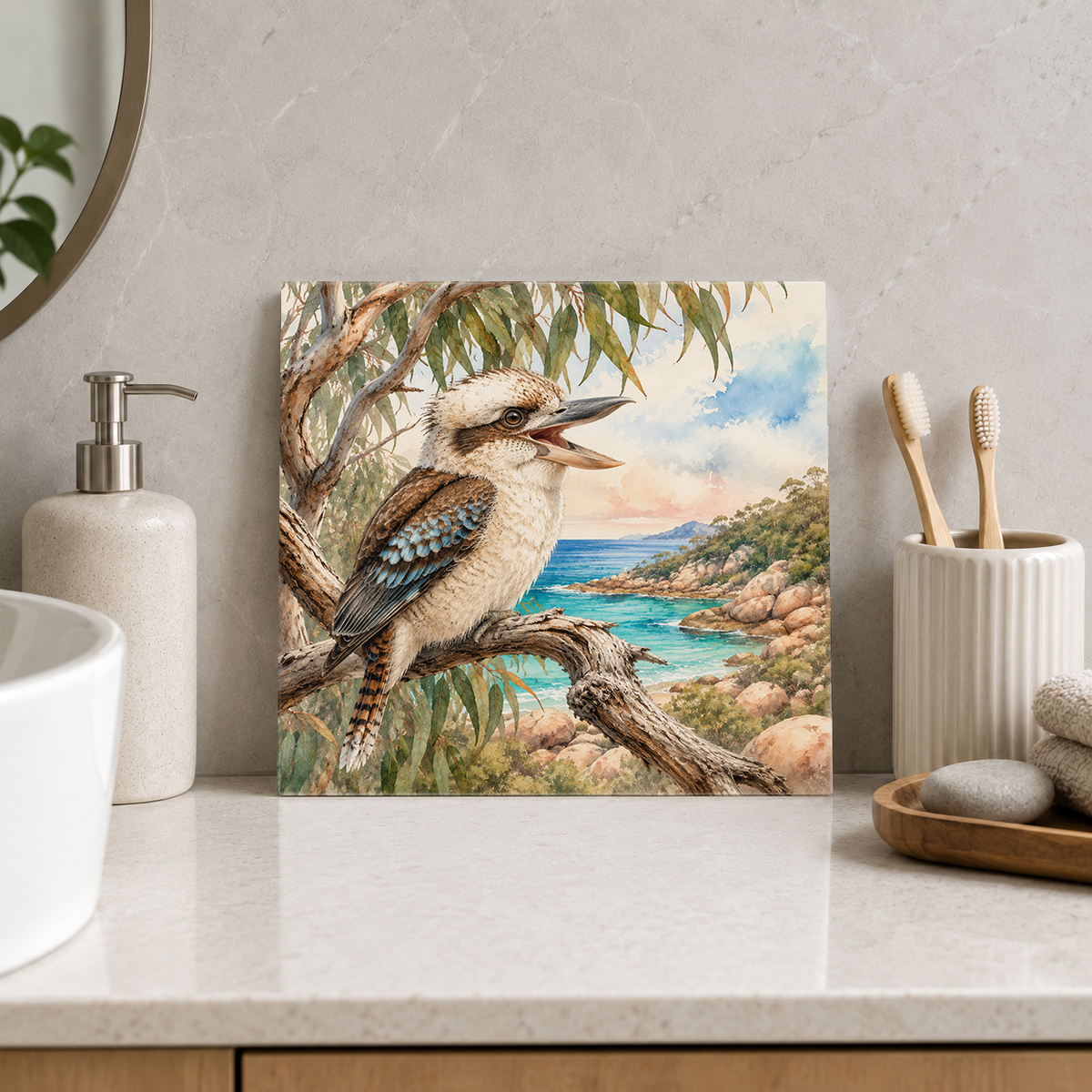 Magnetic Island – Kookaburra Island Perch ceramic decorative tile in Pop Color, shown in a room mockup