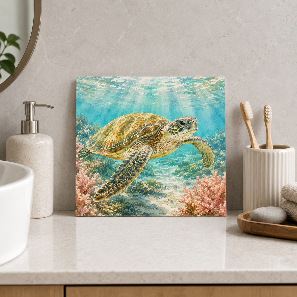 Green Island – Turtle in the Shallows ceramic decorative tile in Pop Color, shown in a room mockup