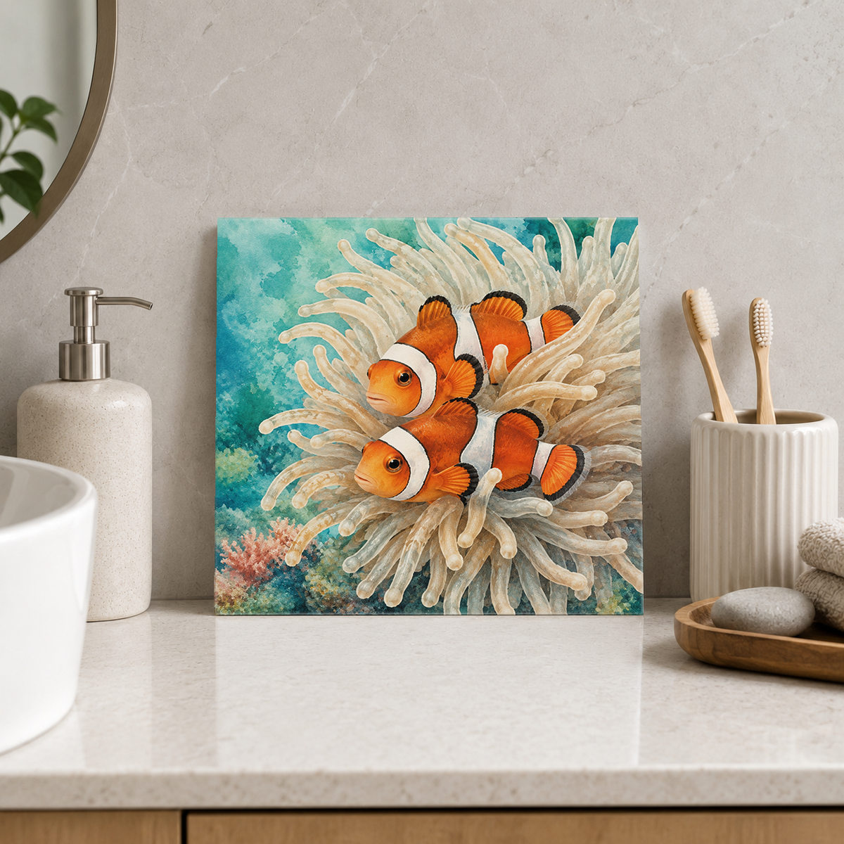 Green Island – Clownfish Sanctuary ceramic decorative tile in Pop Color, shown in a room mockup