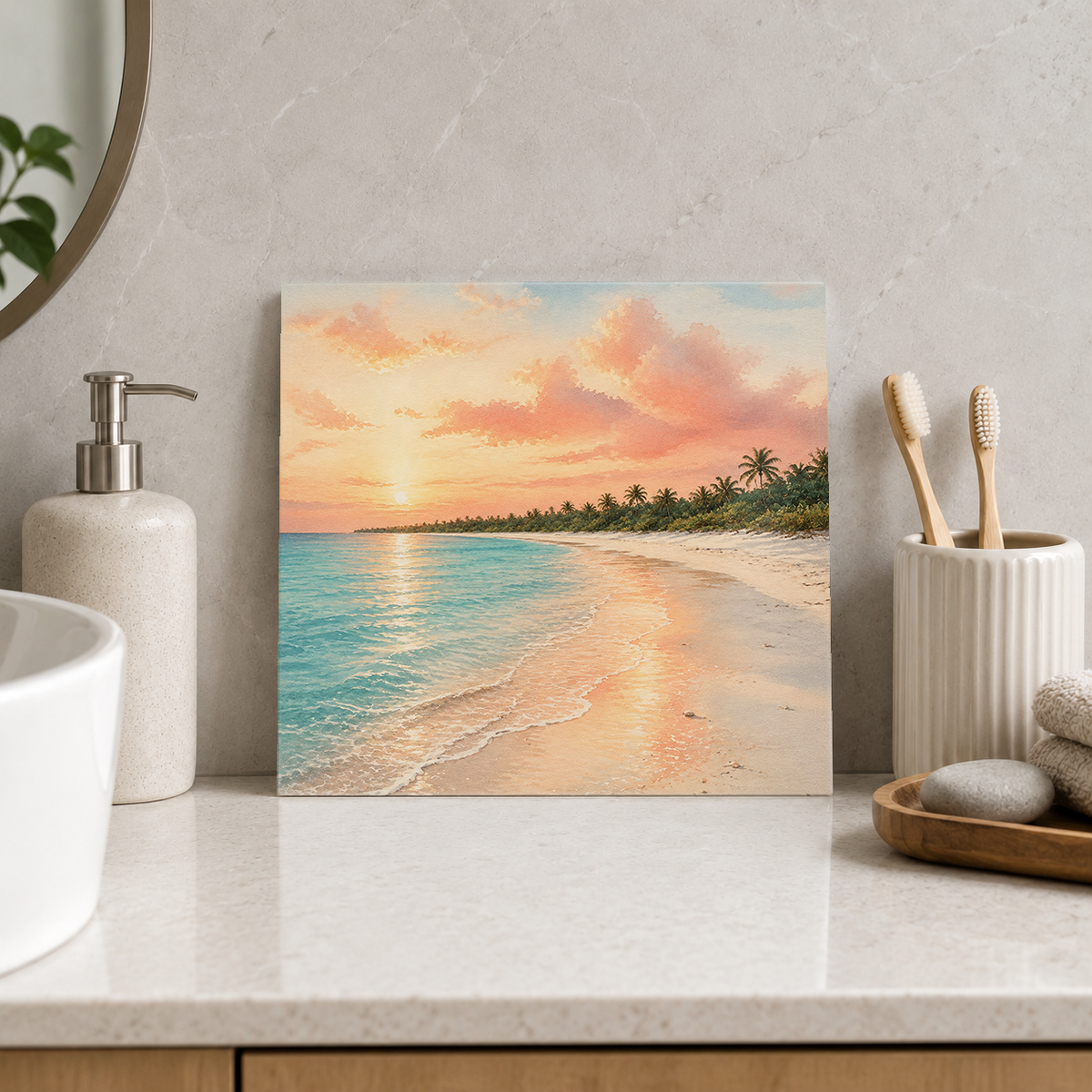 Green Island – Golden Cay Evening ceramic decorative tile in Pop Color, shown in a room mockup