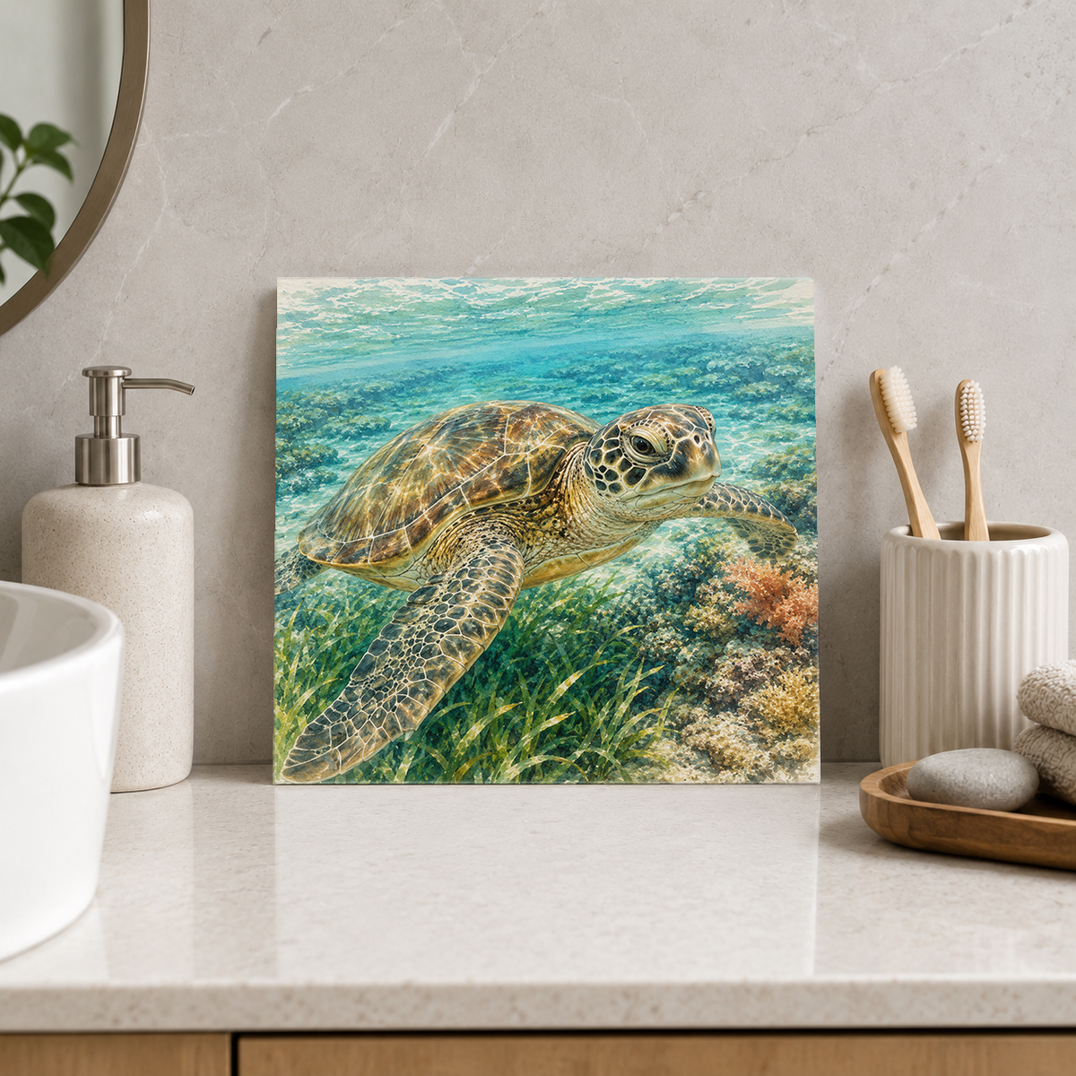 Fitzroy Island – Turtle of Welcome Bay ceramic decorative tile in Pop Color, shown in a room mockup