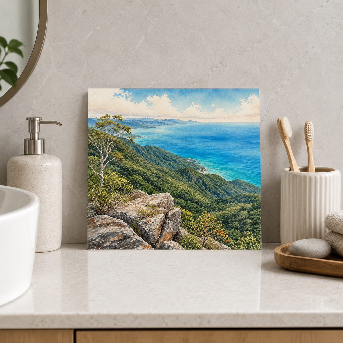 Fitzroy Island – Summit Island View ceramic decorative tile in Pop Color, shown in a room mockup