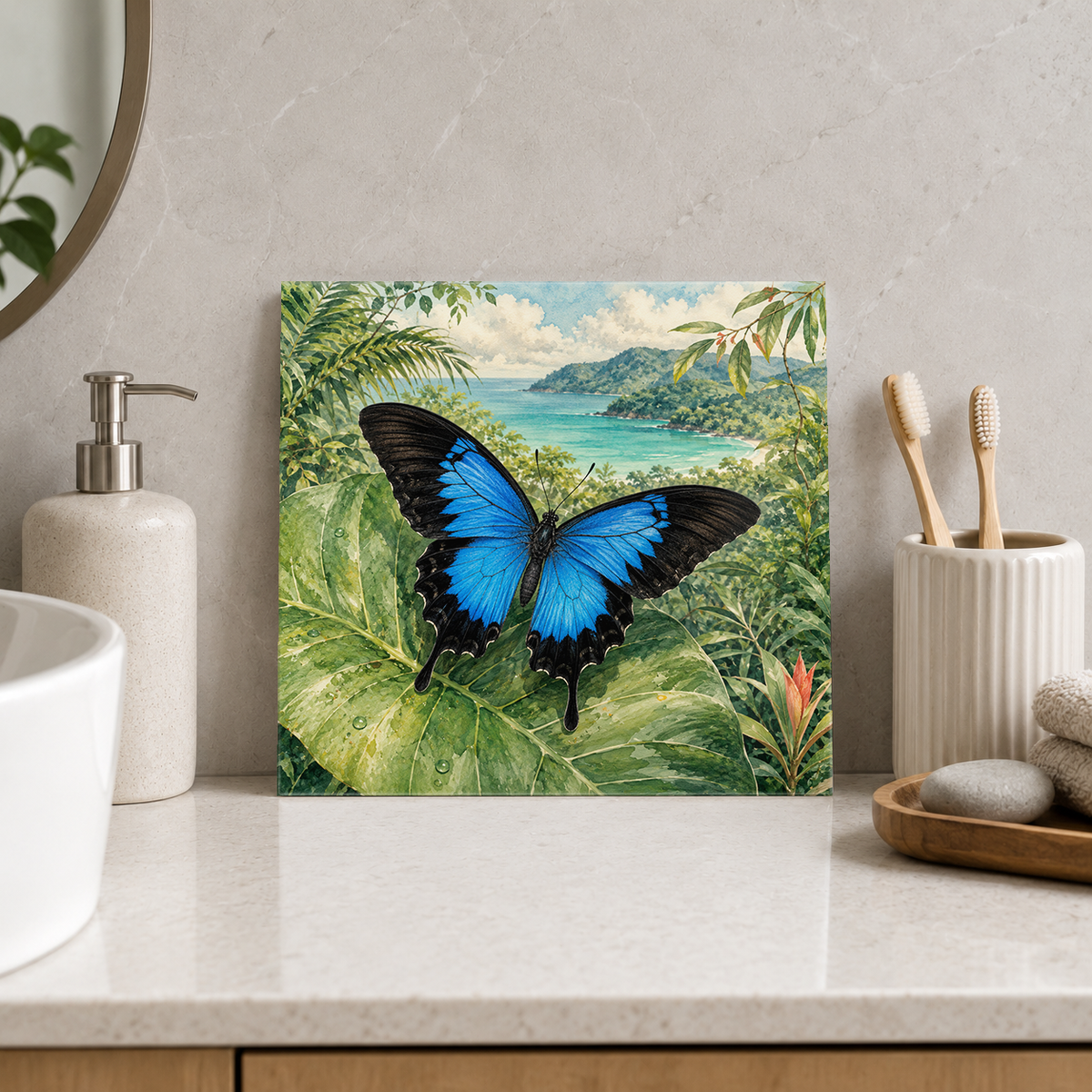 Fitzroy Island – Butterfly Rainforest ceramic decorative tile in Pop Color, shown in a room mockup