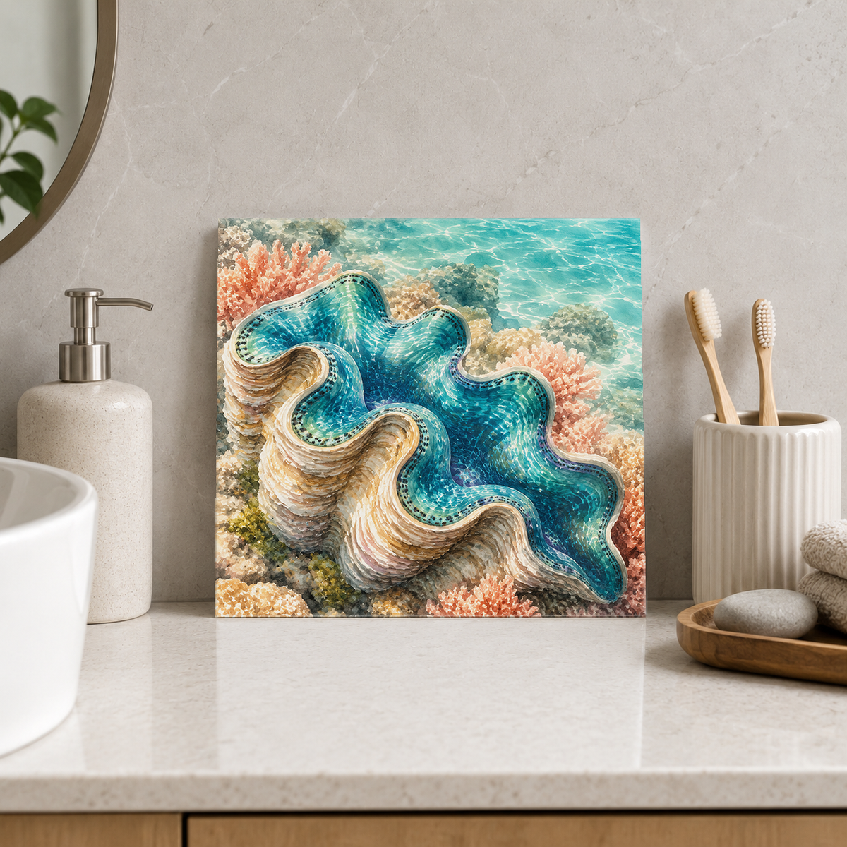 Fitzroy Island – Clam Garden ceramic decorative tile in Pop Color, shown in a room mockup