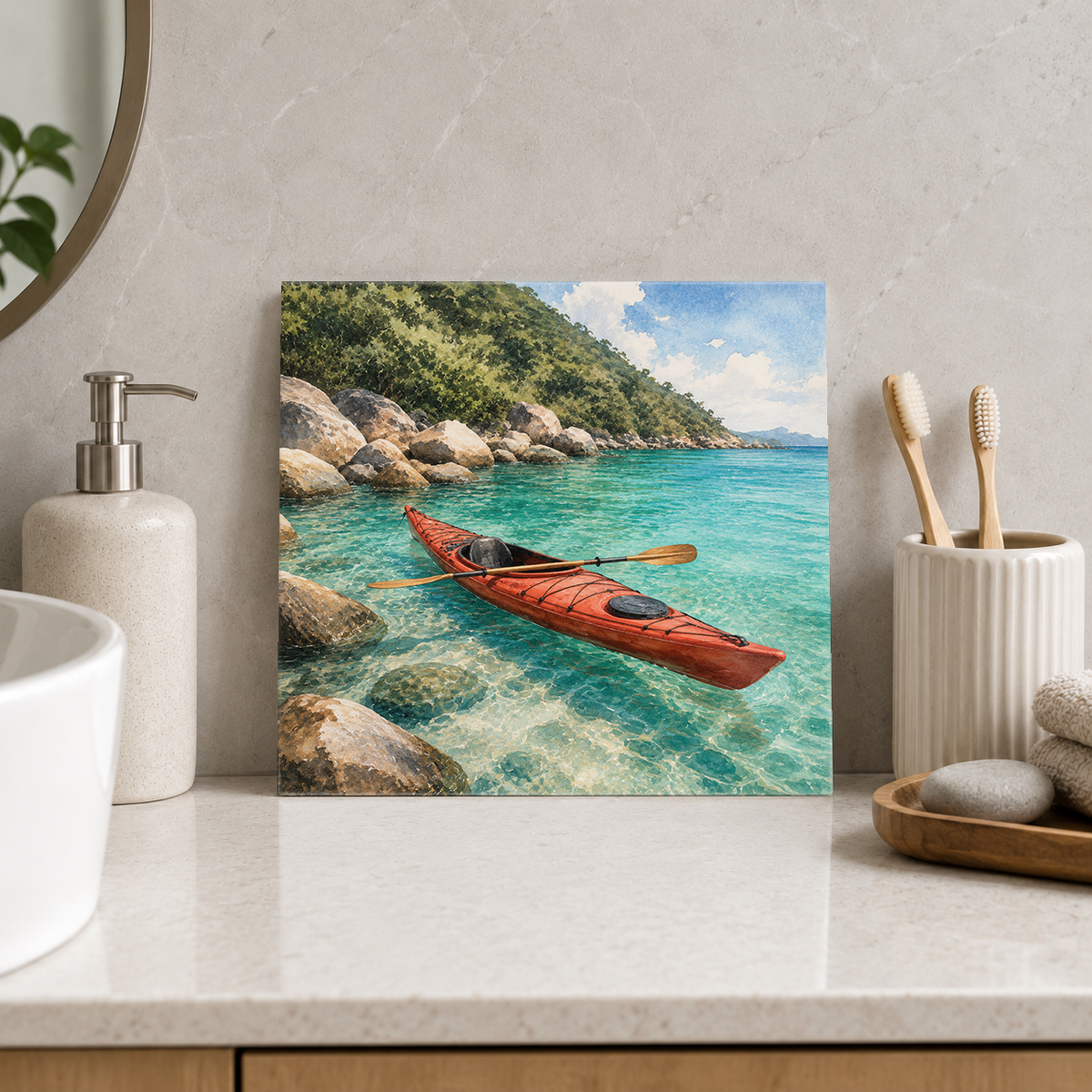 Fitzroy Island – Kayak in Welcome Bay ceramic decorative tile in Pop Color, shown in a room mockup