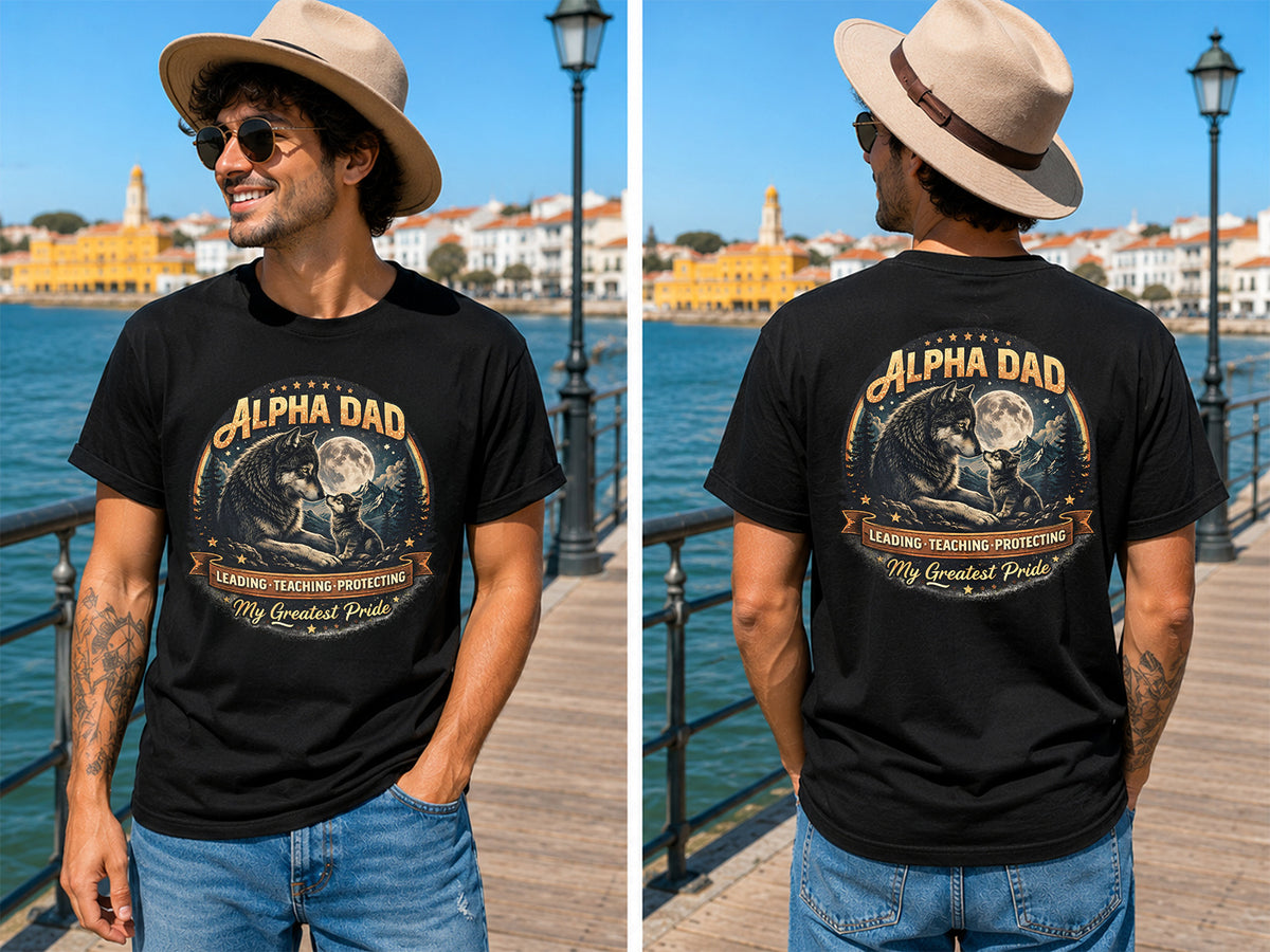 Alpha Dad Wolf - Men's T-Shirt in black, showing alternative front or back print placement