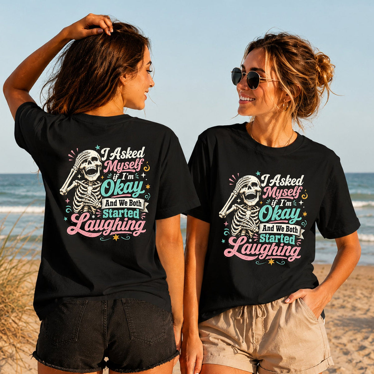Am I Okay - Colourful Skeleton - Women's T-Shirt in black, showing alternative back and front print placements on the beach