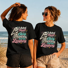 Am I Okay - Colourful Skeleton - Women's T-Shirt in black, showing alternative back and front print placements on the beach
