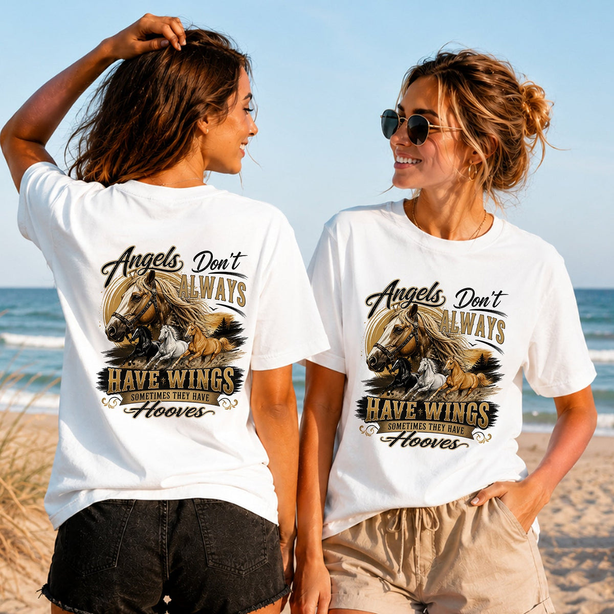 Angels Have Hooves - Women's T-Shirt in white, showing alternative back and front print placements on the beach