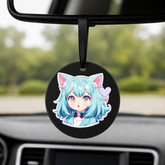 Anime Catgirl Sticker - Blue Hair Bow Tie - Round Car Charm in black