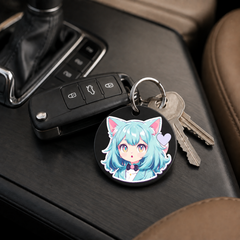 Anime Catgirl Sticker - Blue Hair Bow Tie - Keychain in black