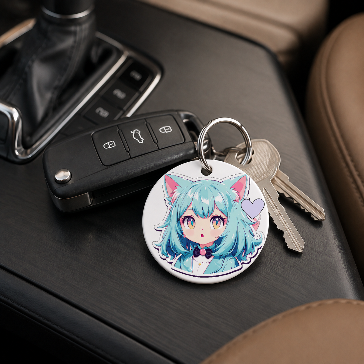 Anime Catgirl Sticker - Blue Hair Bow Tie - Keychain in white