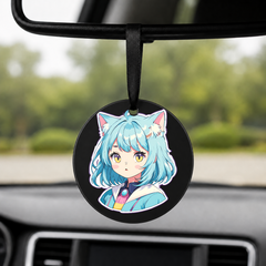 Anime Catgirl Sticker - Cyan Hair Blue Jacket - Round Car Charm in black