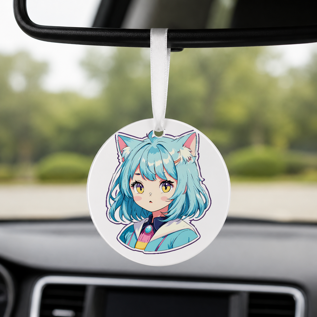 Anime Catgirl Sticker - Cyan Hair Blue Jacket - Round Car Charm in white