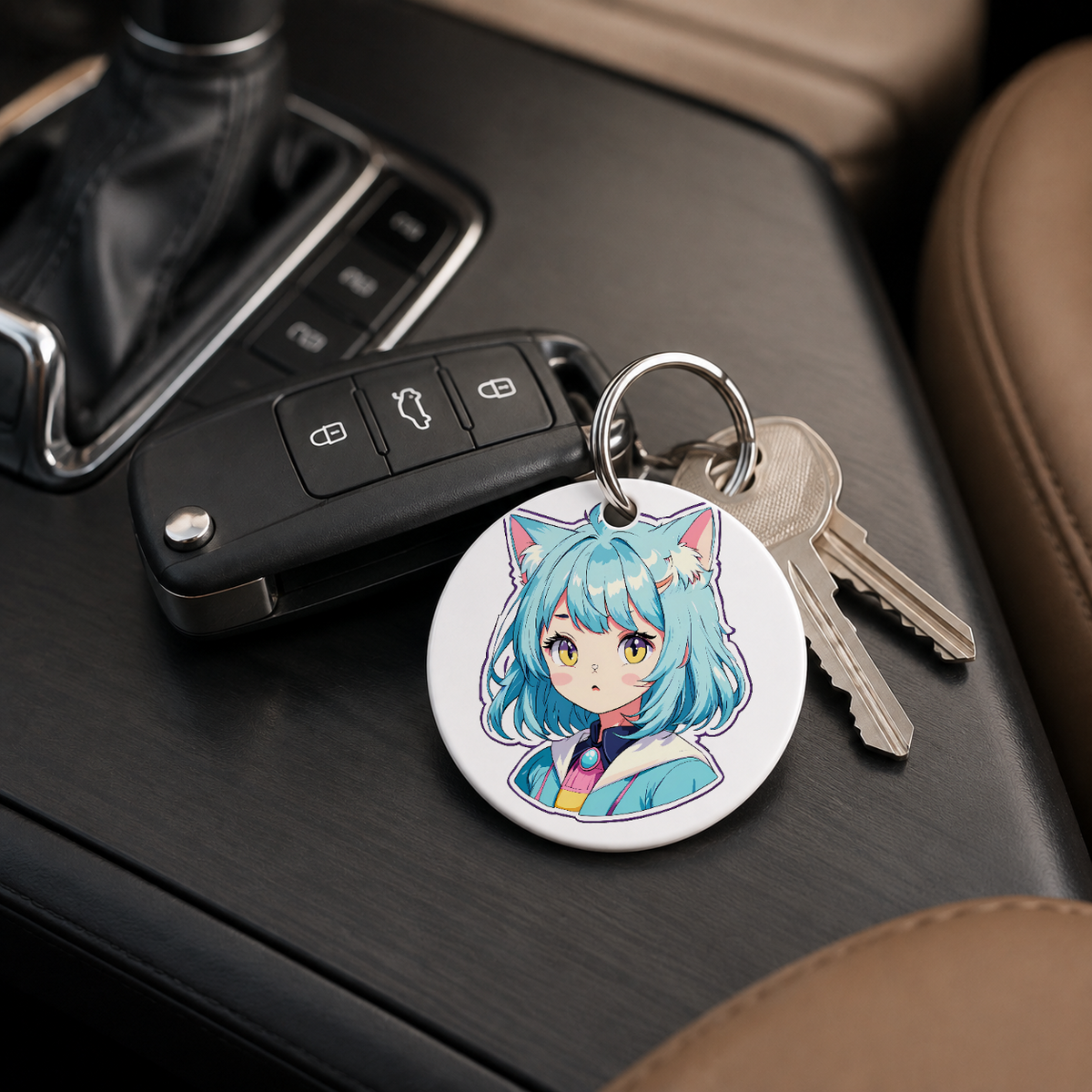 Anime Catgirl Sticker - Cyan Hair Blue Jacket - Keychain in white