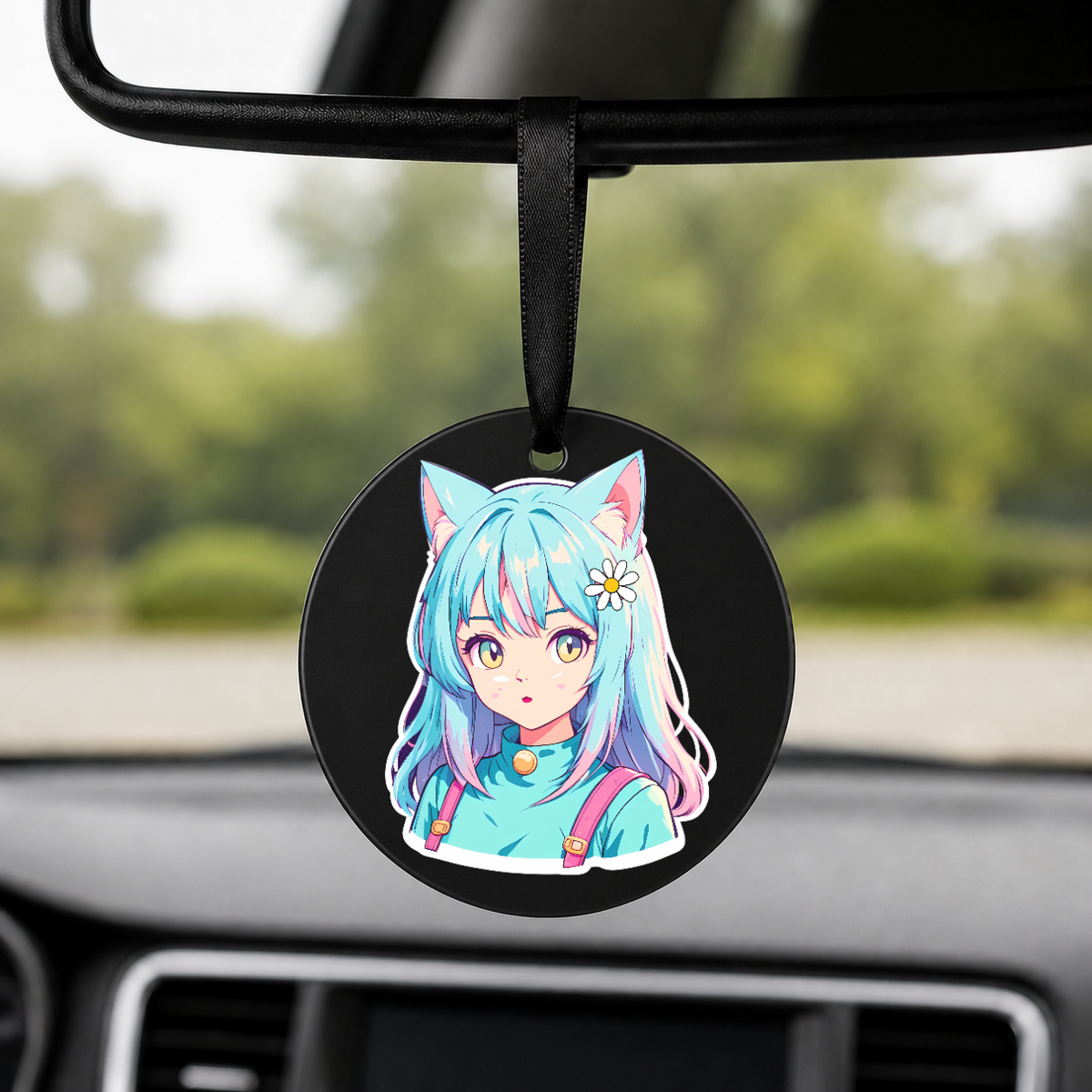 Anime Catgirl Sticker - Cyan Hair Daisy Flower - Round Car Charm in black