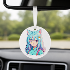 Anime Catgirl Sticker - Cyan Hair Daisy Flower - Round Car Charm in white