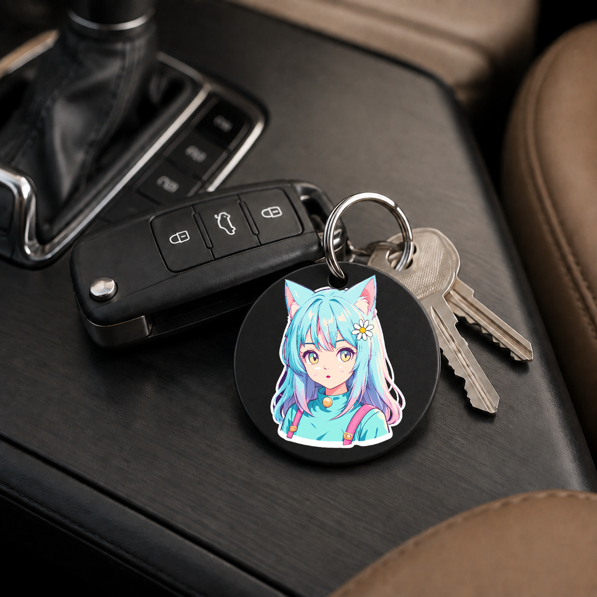Anime Catgirl Sticker - Cyan Hair Daisy Flower - Keychain in black