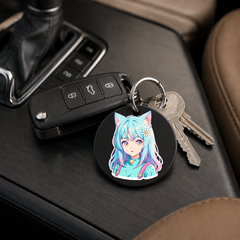Anime Catgirl Sticker - Cyan Hair Daisy Flower - Keychain in black
