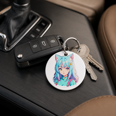 Anime Catgirl Sticker - Cyan Hair Daisy Flower - Keychain in white