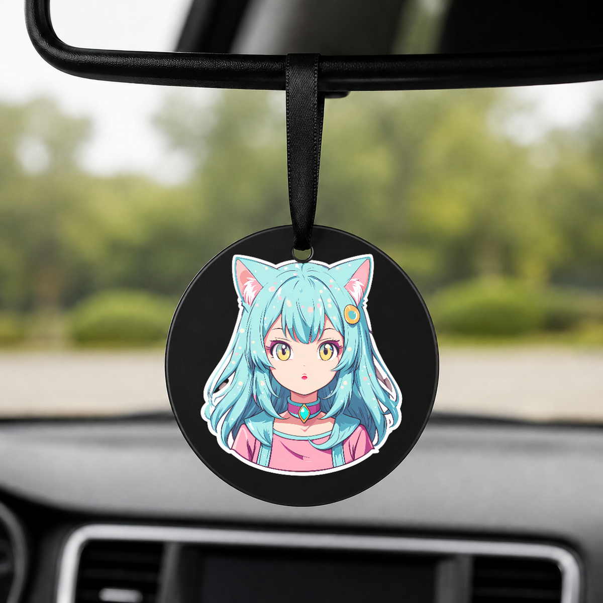 Anime Catgirl Sticker - Cyan Hair Gold Ring Clip - Round Car Charm in black