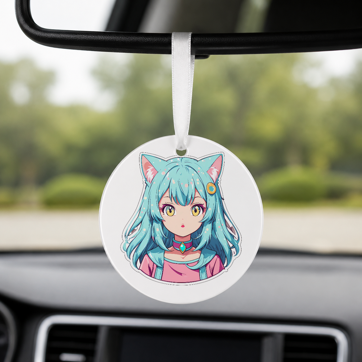 Anime Catgirl Sticker - Cyan Hair Gold Ring Clip - Round Car Charm in white