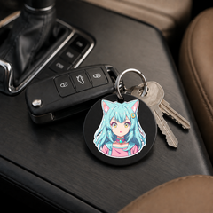 Anime Catgirl Sticker - Cyan Hair Gold Ring Clip - Keychain in black