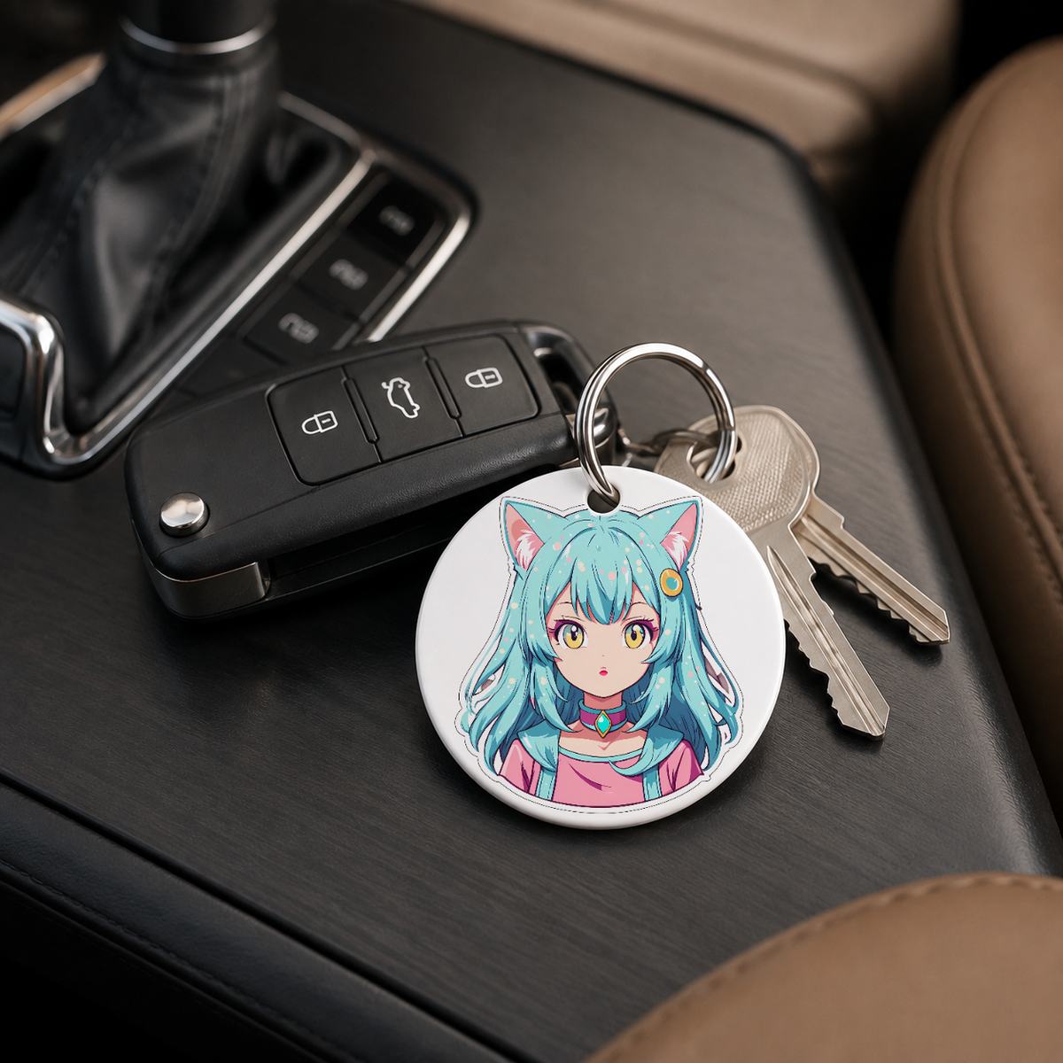 Anime Catgirl Sticker - Cyan Hair Gold Ring Clip - Keychain in white