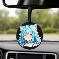 Anime Catgirl Sticker - Cyan Hair Orange Top - Round Car Charm in black